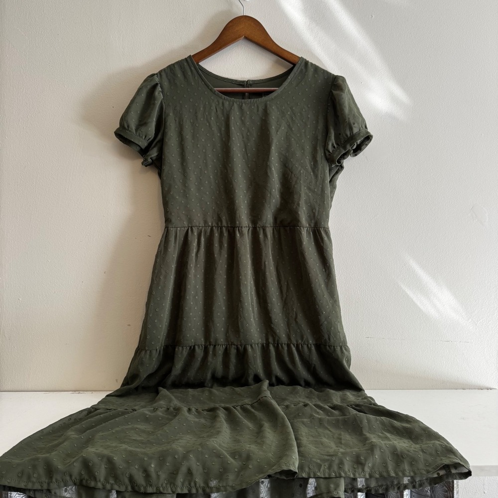 Girls XXL 18 Olive Green Swiss Dot Tiered Maxi Dress Short Sleeve Fall Staples